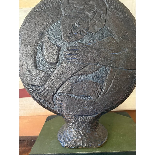 Bronze Mid Century Brutalist Studio Pottery Sculpture | Wpa Influence | Male Female Figural Relief | Blue Black Ceramic For Sale - Image 8 of 12