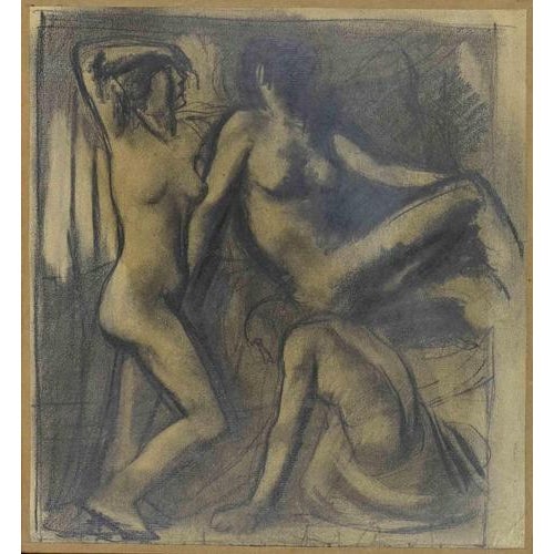 Mario Sironi, Composition with Two Female Nudes and a Male Nude, Pencil on Paper on Canvas, 1925 For Sale - Image 4 of 4