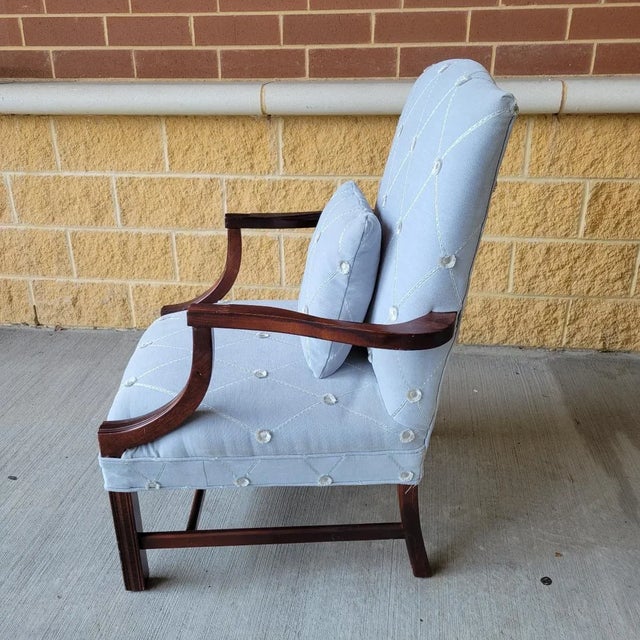 Vintage Light Blue Designer Fabric Martha Wahington Chippendale Chair With Pillow For Sale In Raleigh - Image 6 of 8