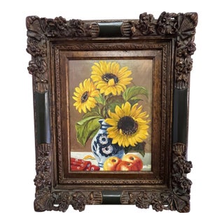 Vintage Framed Oil on Canvas Still Life Sunflowers in Pitcher For Sale