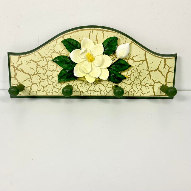1980s Vintage Coastal Boho Chic Hand-Painted Magnolia Wall Mounted Hook - 4 Pegs For Sale - Image 4 of 8