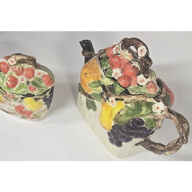 Handpainted Majolica Fruit Basket Teapot and Sugar Bowl- Set of Two For Sale - Image 15 of 18