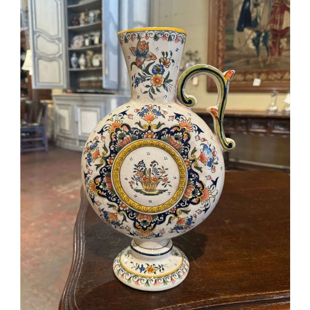 French Mid-Century French Hand-Painted Rouen Faience Ewer From Normandy For Sale - Image 3 of 6