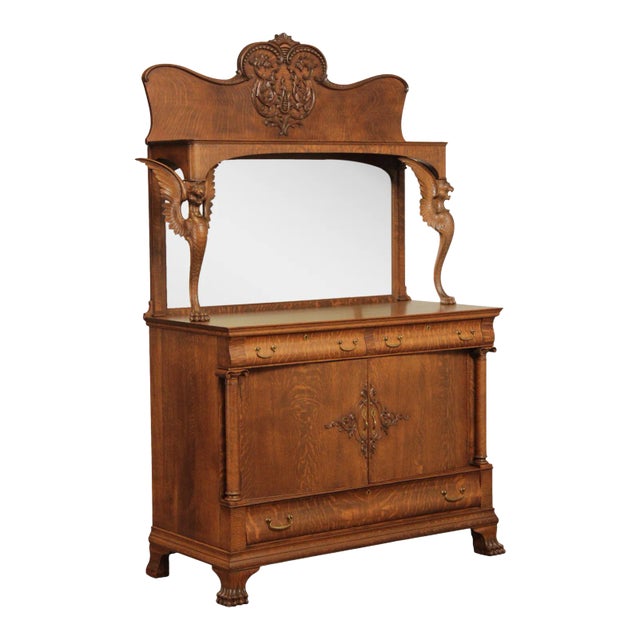 Antique Victorian Winged Griffin Carved Oak Sideboard Buffet For Sale