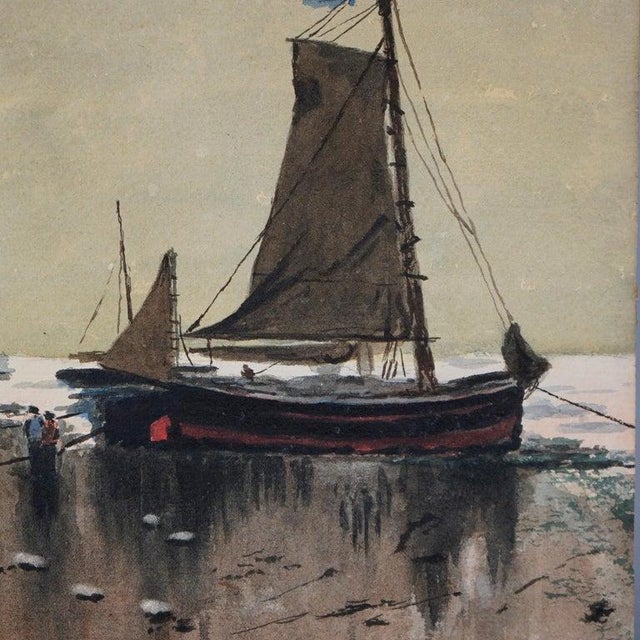 19th Century Antique Watercolor Seascape Painting With Fishing Boats & Figures by Fww, 19th C For Sale - Image 5 of 7