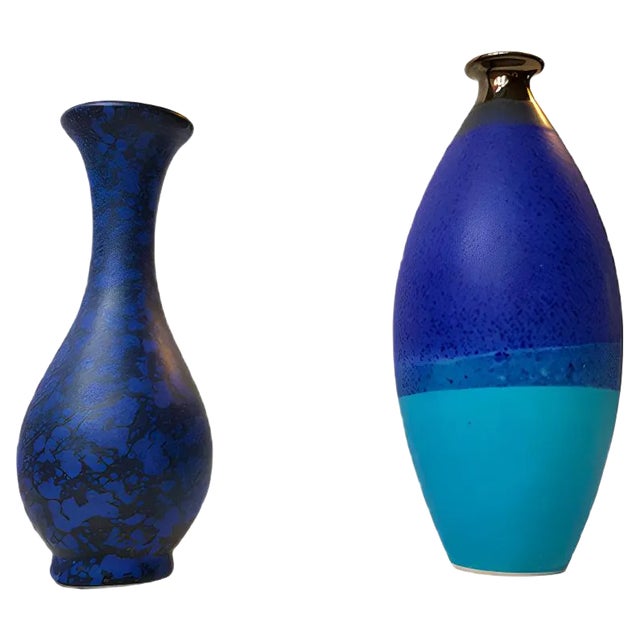 Vintage Scandinavian Blue Stoneware Vases, Set of 2 For Sale