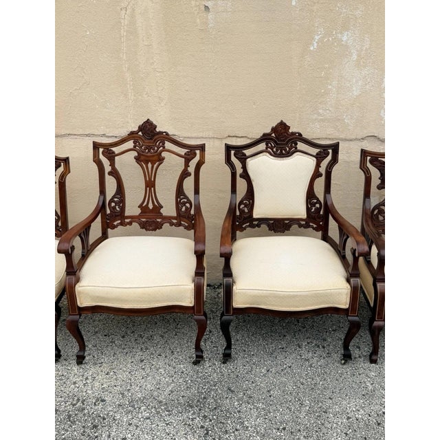 Late 19th Century Antique Victorian Carved Mahogany Inlaid Parlor Set Sofa and 4 Chairs - 5 PCS For Sale - Image 5 of 18