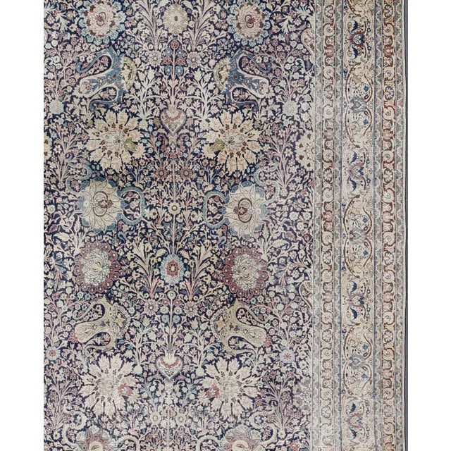 Tribal Navy Blue Antique Persian Fine Tabriz Rug With All-Over Large Scale Flowers For Sale - Image 3 of 12