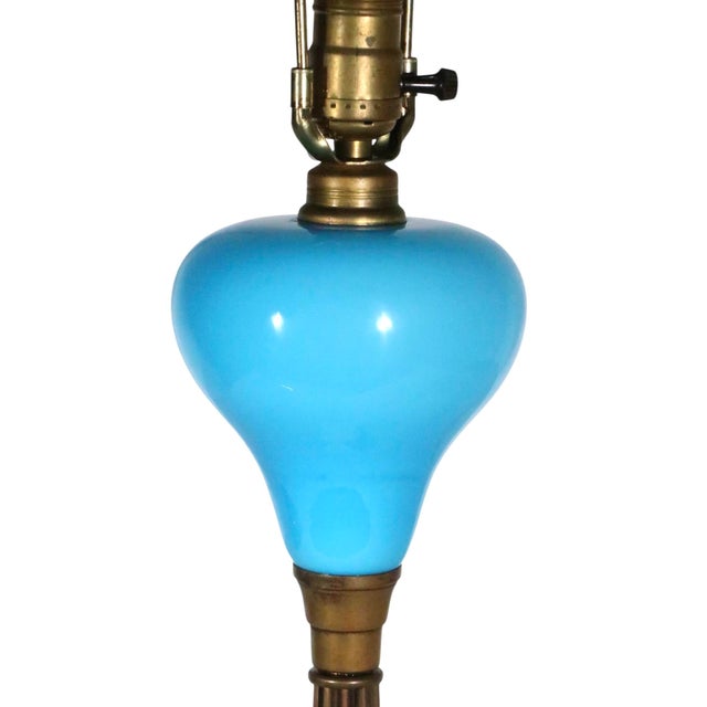 French Early 20th Century Electrified Oil Lamp With French Blue Opaline Glass Font For Sale - Image 3 of 10