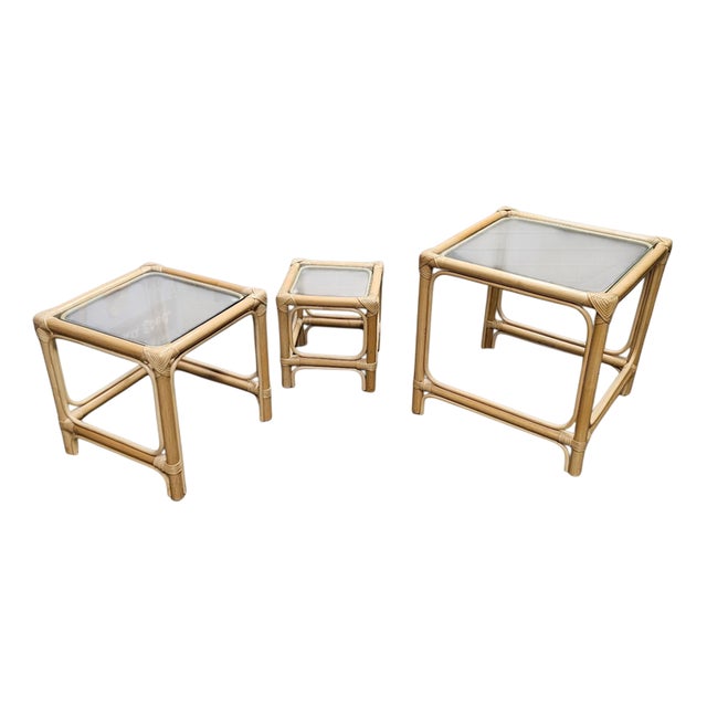 Bamboo Nesting Side Tables with Clear Glass Tops, 1970s, Set of 3 For Sale