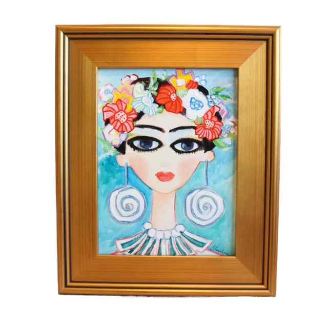 Wood Woman With Flower Headdress Portrait Oil Painting Including the Antiqued Gold Wood Frame For Sale - Image 7 of 8