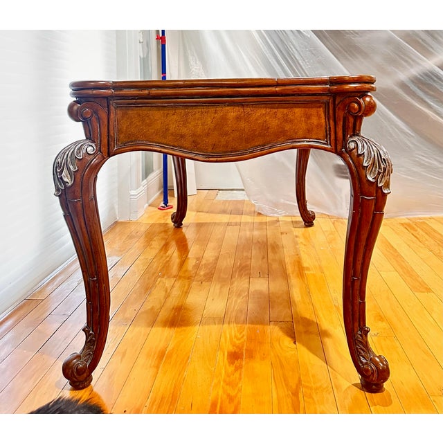 Late 20th Century Traditional Carved Wood Executive Desk With Leather Top & Marble Inlay For Sale - Image 4 of 11