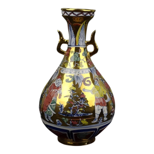 Chinese Vintage Ceramic Vase,Gold Glaze Blue and White Doucai Porcelain Yuhuchun Vase Painted Figures Pattern