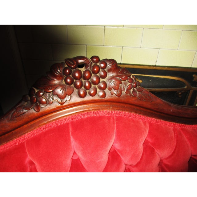 Antique Victorian Carved Walnut Red Velvet Tufted Love Seat For Sale - Image 10 of 14