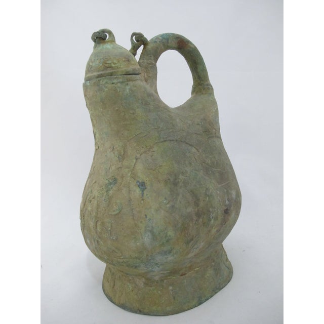 Chinese Chinese Bronze Ware Dynasty Kettle Cockscomb Flask With Archaic Horse Design For Sale - Image 3 of 14