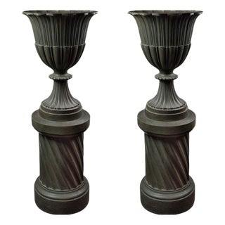 Cast Iron Medici Vases on Art Deco Columns, 1930s, Set of 2 For Sale