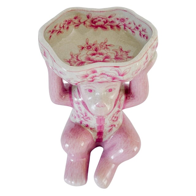 Chinoiserie Contemporary Pink Chinoiserie Monkey Holding Bowl For Sale - Image 3 of 8