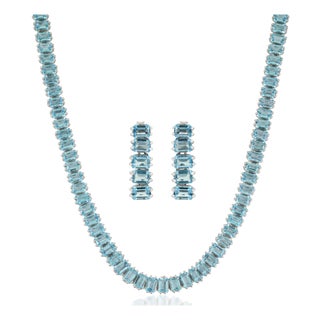52.42 Ct Certified Natural Blue Topaz Tennis Necklace & Drop Earrings Set, 3 Pieces For Sale