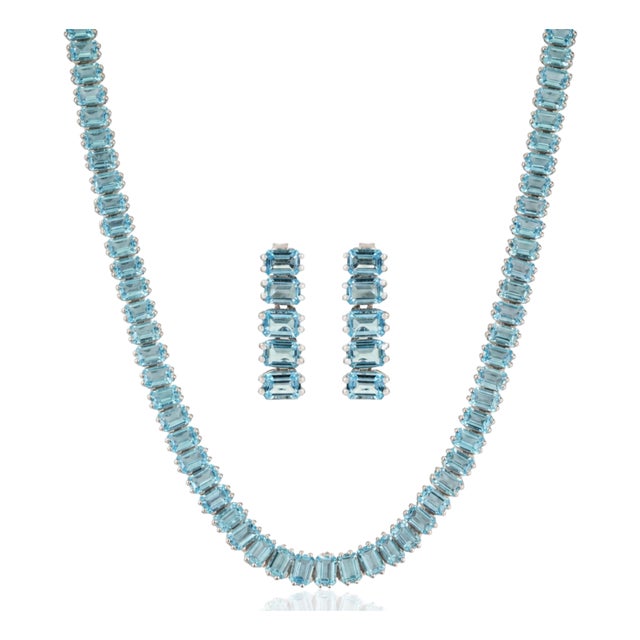 52.42 Ct Certified Natural Blue Topaz Tennis Necklace & Drop Earrings Set, 3 Pieces For Sale
