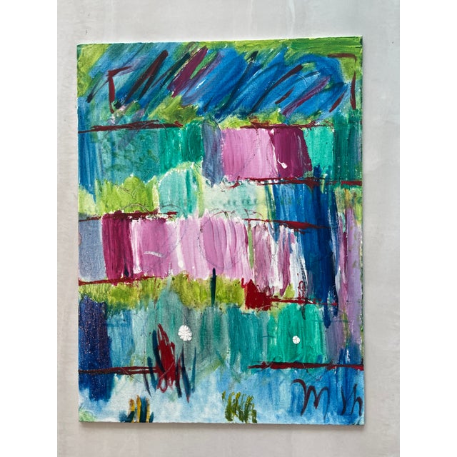 Abstract 1970s Abstract Mixed Media Painting Phtalo Yellow With Pink For Sale - Image 3 of 5