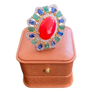 Bochic "Orient" Vintage Diamonds, Emeralds & Sapphire Ring Set In 18K Gold & Silver, Size 7 For Sale