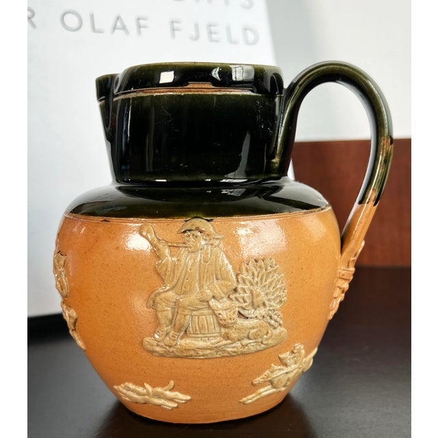 American Rare Antique 1900's Royal Doulton Dewar's Whiskey Salt Glazed Ceramic Pitcher For Sale - Image 3 of 12