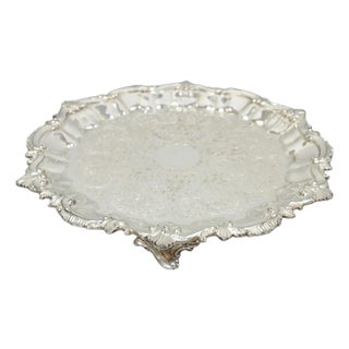 Vintage Sbep Victorian Silver Plated Round Scalloped Salver Bar Tray Platter For Sale