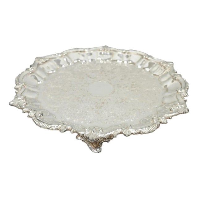 Vintage Sbep Victorian Silver Plated Round Scalloped Salver Bar Tray Platter For Sale