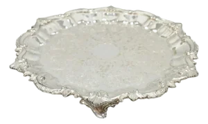 Vintage Sbep Victorian Silver Plated Round Scalloped Salver Bar Tray Platter