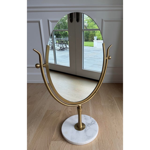 Brass Vintage XL Brass & Carrara Marble Double-Sided Vanity Mirror Attributed to Charles Hollis Jones For Sale - Image 8 of 8