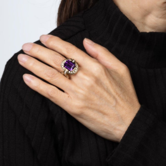 Metal 80s Vintage Amethyst Diamond Link Ring Sz 6.75 Wide Band 14k Yellow Gold Jewelry For Sale - Image 7 of 7