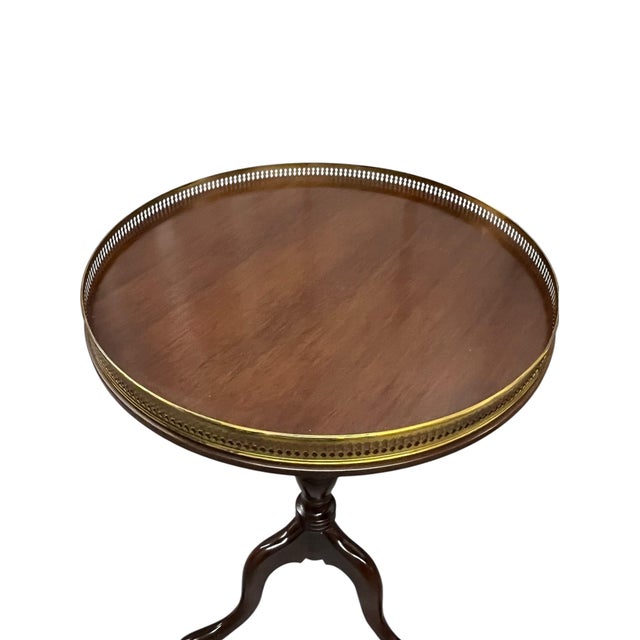 Vintage Set of Two Traditional Chippendale-Style Tripod Side Tables With Brass Gallery Tops For Sale - Image 6 of 17