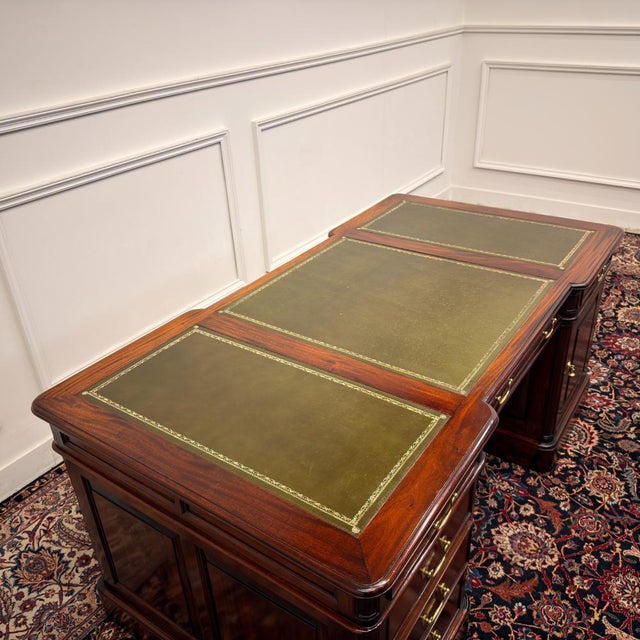 English Partner Desk with Green Leather Top For Sale - Image 16 of 18