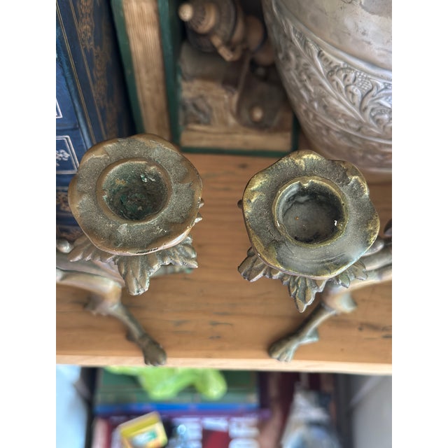 Late 19th Century Antique Brass Mythical Griffin Candlestick Holders - A Pair For Sale - Image 5 of 5