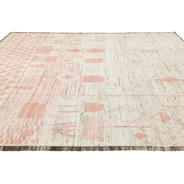 Handmade Modern Moroccan Style Beige Wool Rug With Geometry Design For Sale In New York - Image 6 of 11