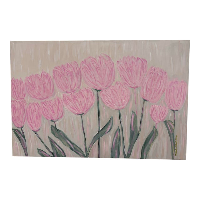 Modern Abstract Floral Folk Art Acrylic Painting on Canvas, Framed, Signed, Dated, Large For Sale
