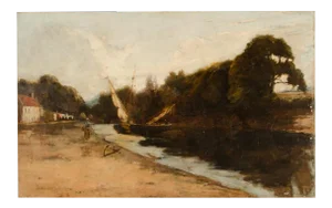 David Noble (British, 1882-1890) "On the Canal" Coastal Oil Painting