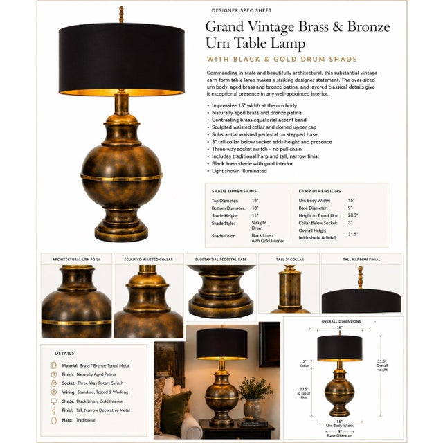 Commanding in scale and exceptionally architectural, this substantial vintage urn-form table lamp pairs a richly aged...