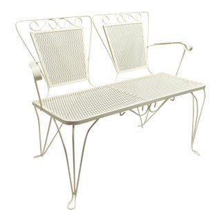1960s Wrought Iron & Metal Mesh Garden Bench For Sale