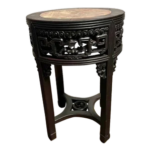 19th Century Antique Chinoiserie Style Rosewood Round Marble Top Side Table.