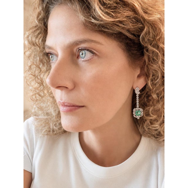 Vintage Platinum Emerald & Diamond Drop Earrings, 4 Carat Emeralds, A Pair For Sale - Image 10 of 10