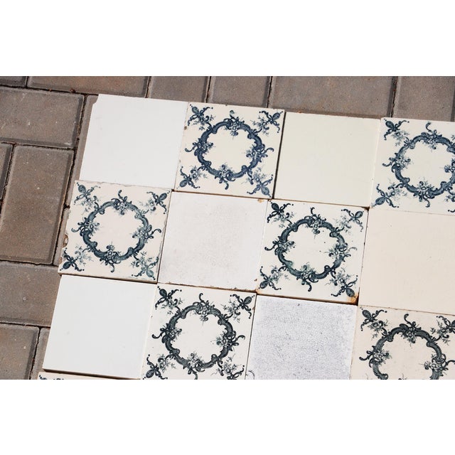 Art Deco 1920s Portuguese Antique Large Art Deco Floral & Plain White Tiles Set of 60 For Sale - Image 3 of 14