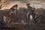 An antique oil painting on canvas with a frame featuring three tiers of gilded wood carvings, depicting a battle between...