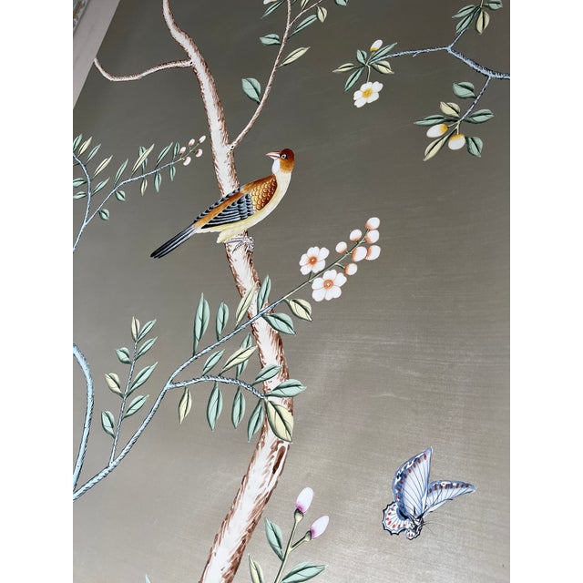 Silver Leaf Chinoiserie Hand-Painted Bird & Floral Wall Panels (Set of 4) For Sale - Image 4 of 6