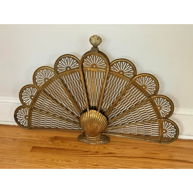 Metal Vintage Brass Peacock Folding Fireplace Screen With Shell Motif For Sale - Image 7 of 12