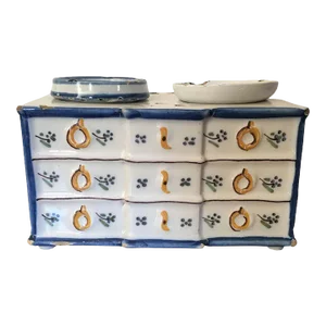Antique 18th Century German Kelsterbach Tin Glaze Faience Delft Inkwell in the Form of a Bombe Chest of Drawers Decorated With Roosters
