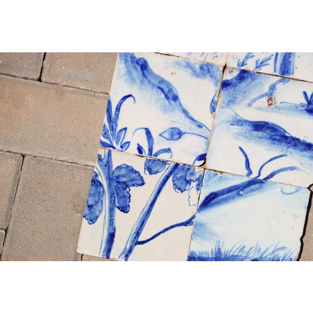 18th Century Antique Set of 6 Baroque Portuguese Tiles, 18th Century Blue & White Landscape and Botanical Scene For Sale - Image 5 of 8