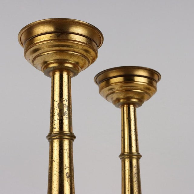 Antique Candleholders with Square Base and Circular Feet in Gilded Bronze, Set of 2 For Sale - Image 4 of 10