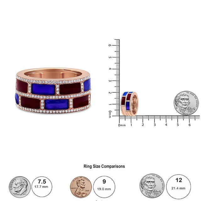 Early 21st Century 18K Rose Gold Alternating Red and Blue Enamel and 1/2 Cttw Diamond Studded Band Ring (F-G Color, VS1-VS2 Clarity) - Ring Size 7 For Sale - Image 5 of 5