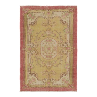 Vintage Distressed Rug in Gold and Rose With Floral Cartouches - Rug & Kilim For Sale